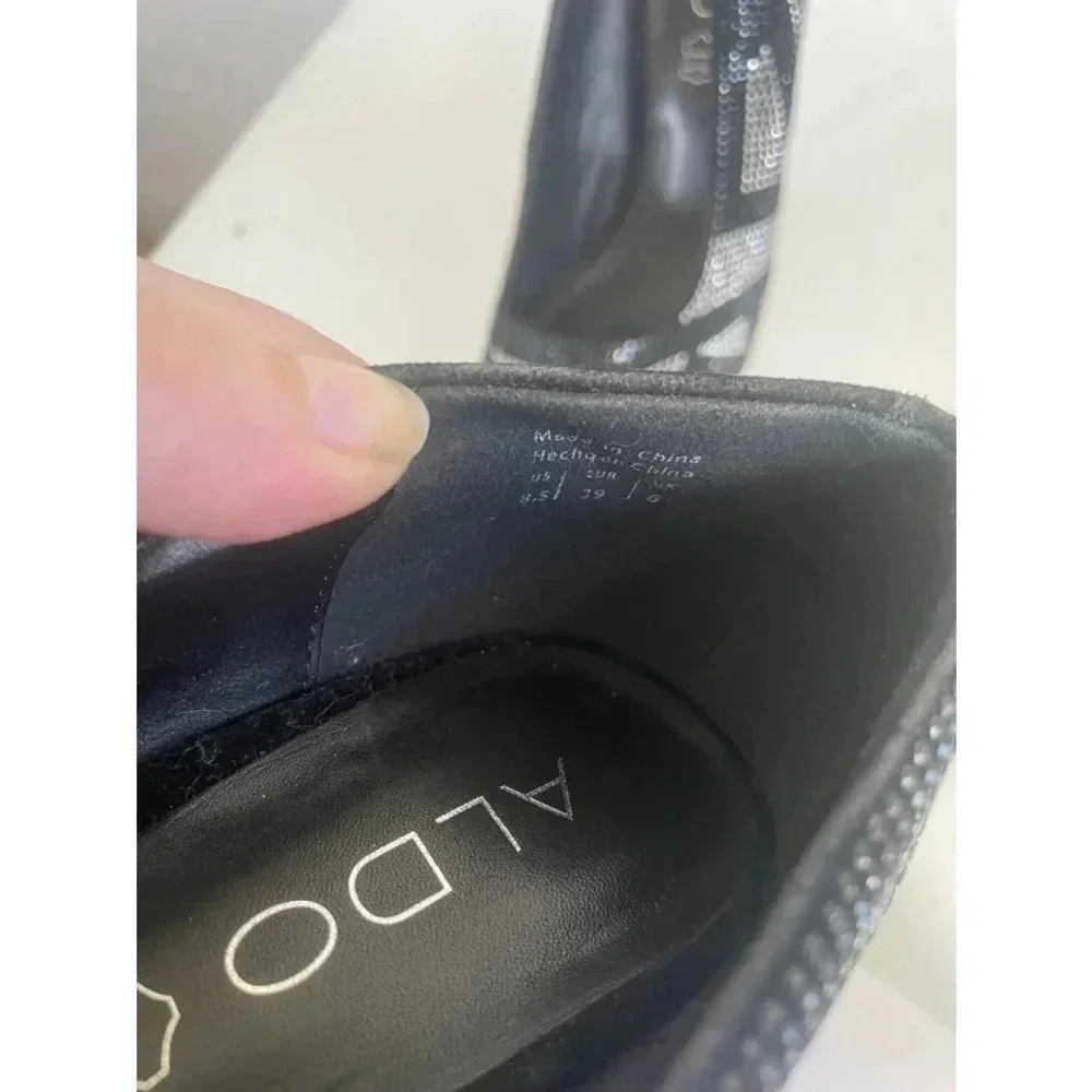 Women's Aldo Leather Chevron‎ Black Rhinestone 6” High Heels Size 8.5 EUC